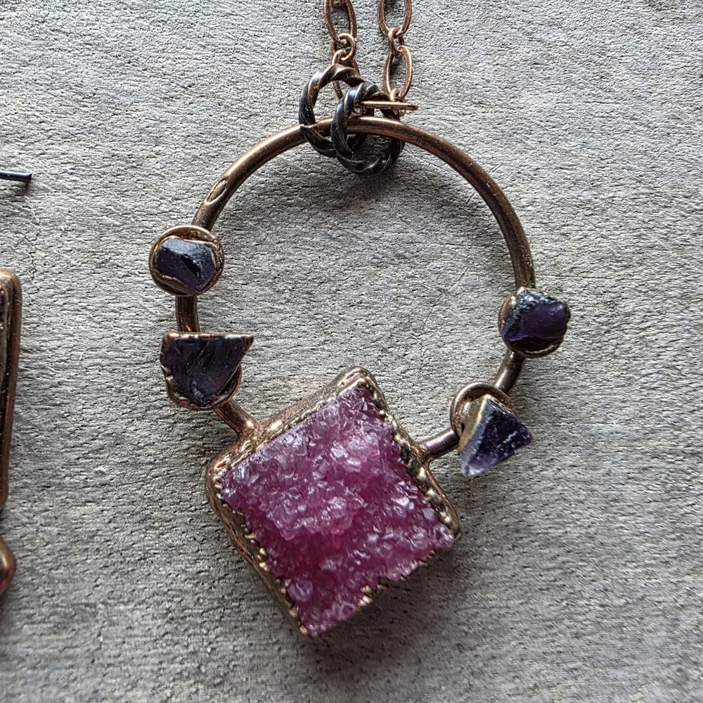Beautiful Multi-Color Druzy Pendant & Earring Set in Copper